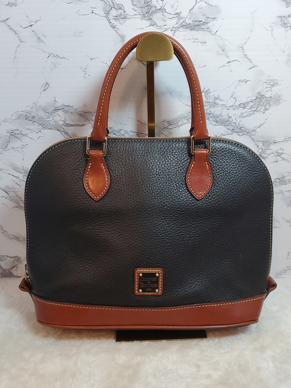 Dooney & Bourke Black Pebbled Leather Satchel with Brown Trim